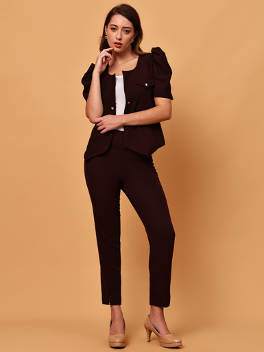 Trendy Brown CO-ORDS Set With Puff Sleeve Blazer & Slim Fit Pant
